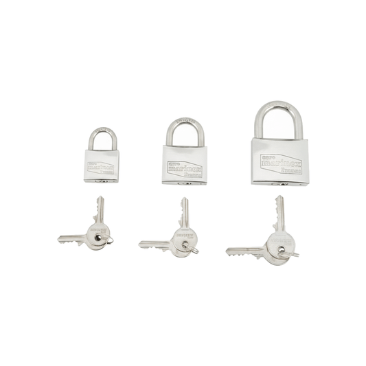 Tre lucchetti acciaio inox Euro Marinox in diverse misure con chiavi incluse, set 3 pezzi