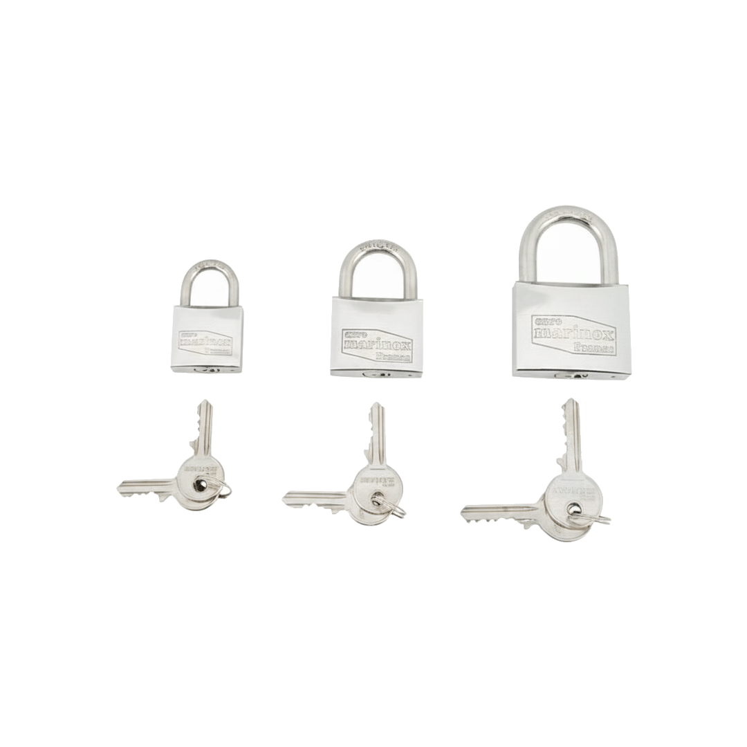 Tre lucchetti acciaio inox Euro Marinox in diverse misure con chiavi incluse, set 3 pezzi