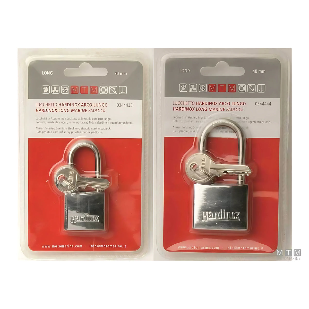 Lucchetto Hardinox arco lungo in acciaio inox lucidato a specchio per nautica disponibile in 3 misure 30 40 e 50 mm inattaccabile dalla salsedine