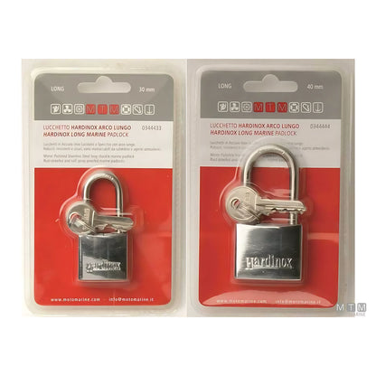 Lucchetto Hardinox arco lungo in acciaio inox lucidato a specchio per nautica disponibile in 3 misure 30 40 e 50 mm inattaccabile dalla salsedine