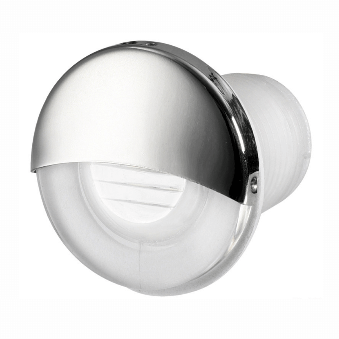 Luce di cortesia LED a incasso con palpebra in acciaio inox lucidato AISI 316, ideale per gradini e camminamenti. luce bianca