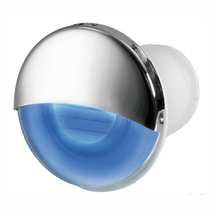 Luce di cortesia LED a incasso con palpebra in acciaio inox lucidato AISI 316, ideale per gradini e camminamenti. luce blu