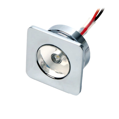 Luce di cortesia nautica a LED da incasso, forma quadrata in ottone cromato, protezione IP65. Ideale come segnapasso, disponibile con luce bianca o blu.