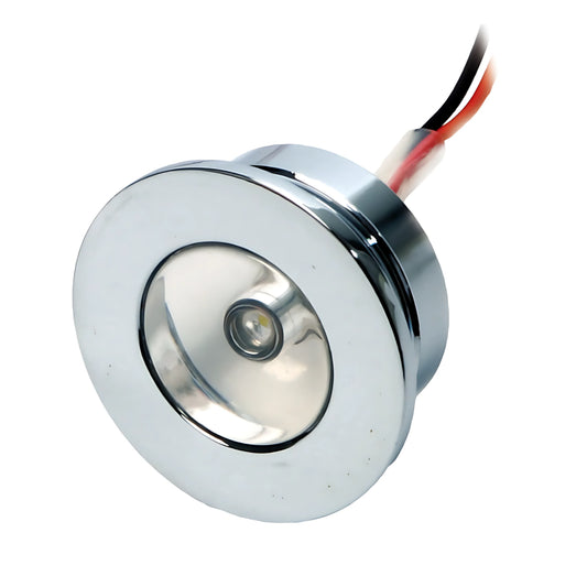 Luce di cortesia nautica a LED da incasso, forma tonda in ottone cromato, protezione IP65. Ideale come segnapasso, disponibile con luce bianca o blu.