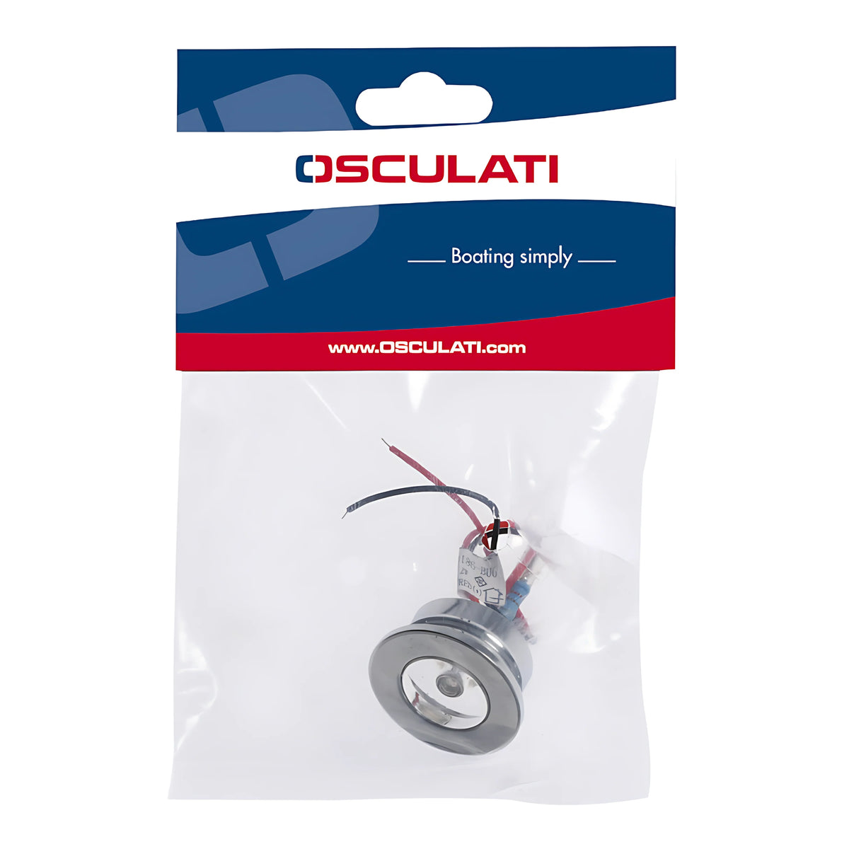 Luce di cortesia nautica a LED da incasso, forma tonda in ottone cromato, protezione IP65. Ideale come segnapasso, disponibile con luce bianca o blu.