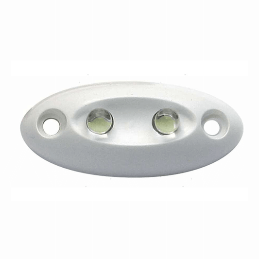 Luci di cortesia LED mignon rettangolari in plastica bianca. Disponibili con fascio luminoso orientato verso il basso o diretto. orizzontale