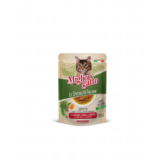 Bustina di alimento umido per gatti Migliorgatto, manzo con piselli e carote, 85 g