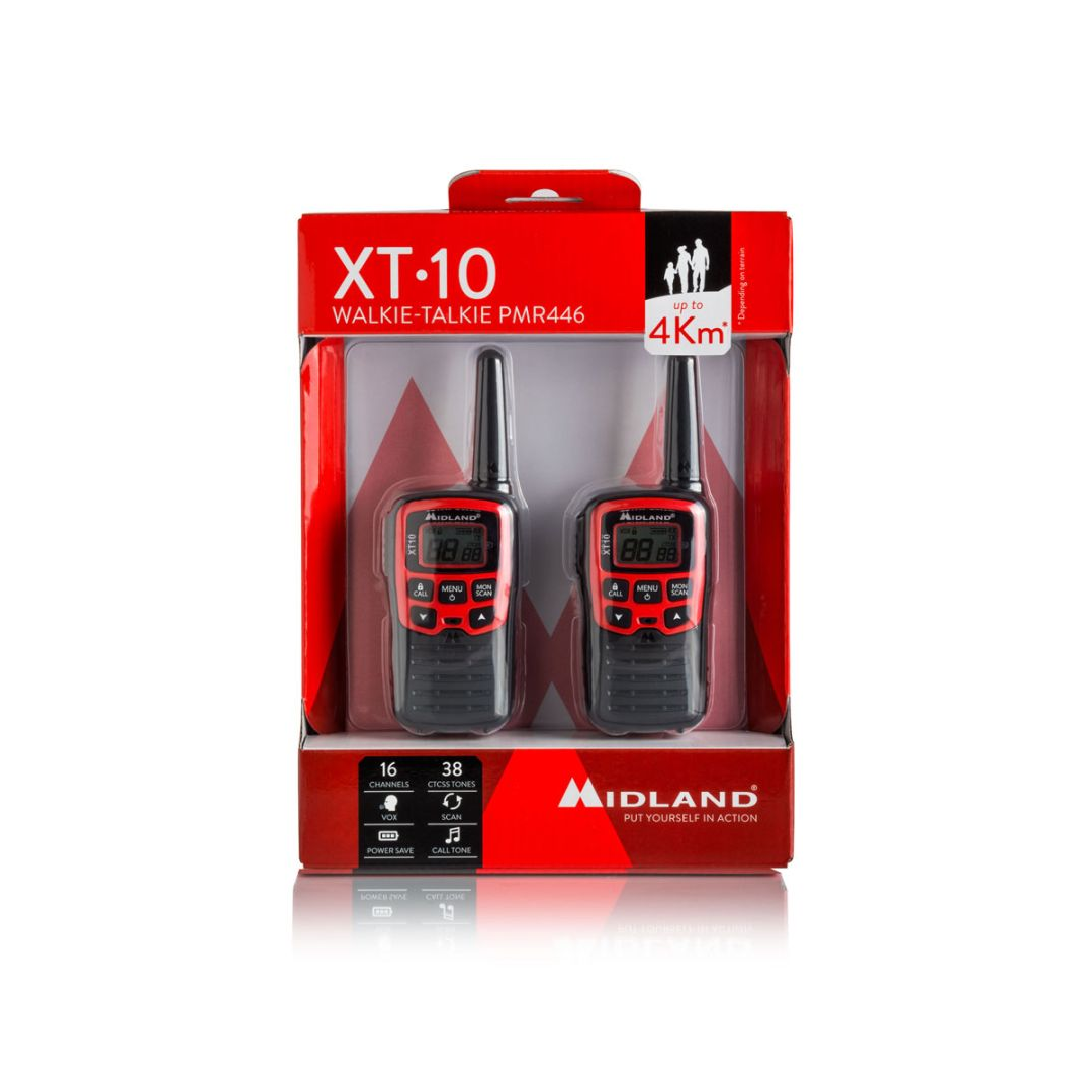 Coppia di walkie talkie Midland XT10 colore rosso, compatti e leggeri per comunicazioni fino a 4 km.