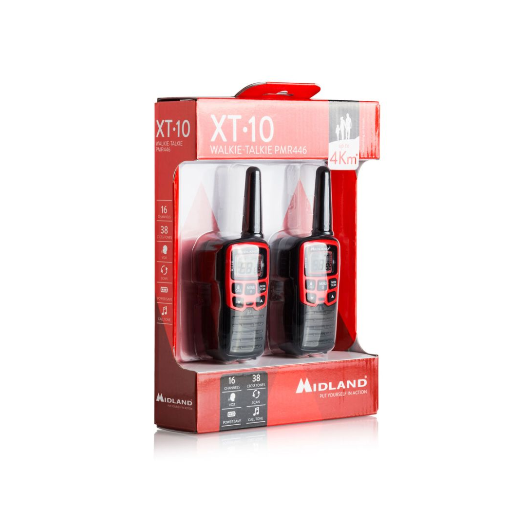 Coppia di walkie talkie Midland XT10 colore rosso, compatti e leggeri per comunicazioni fino a 4 km.
