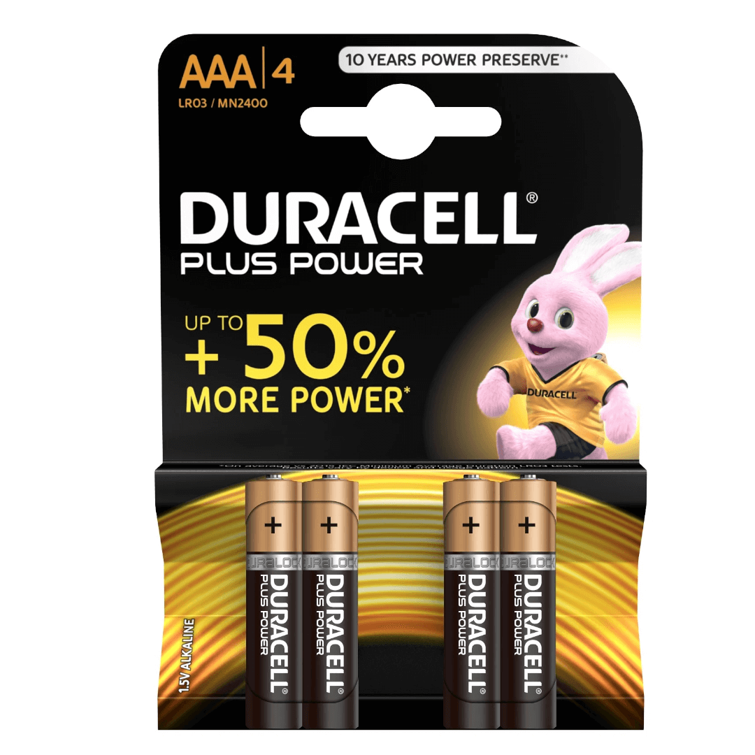 Pile Duracell Plus Power AAA 1,5V ministilo alcaline, blister 4 pezzi nero e oro con mascotte bunny