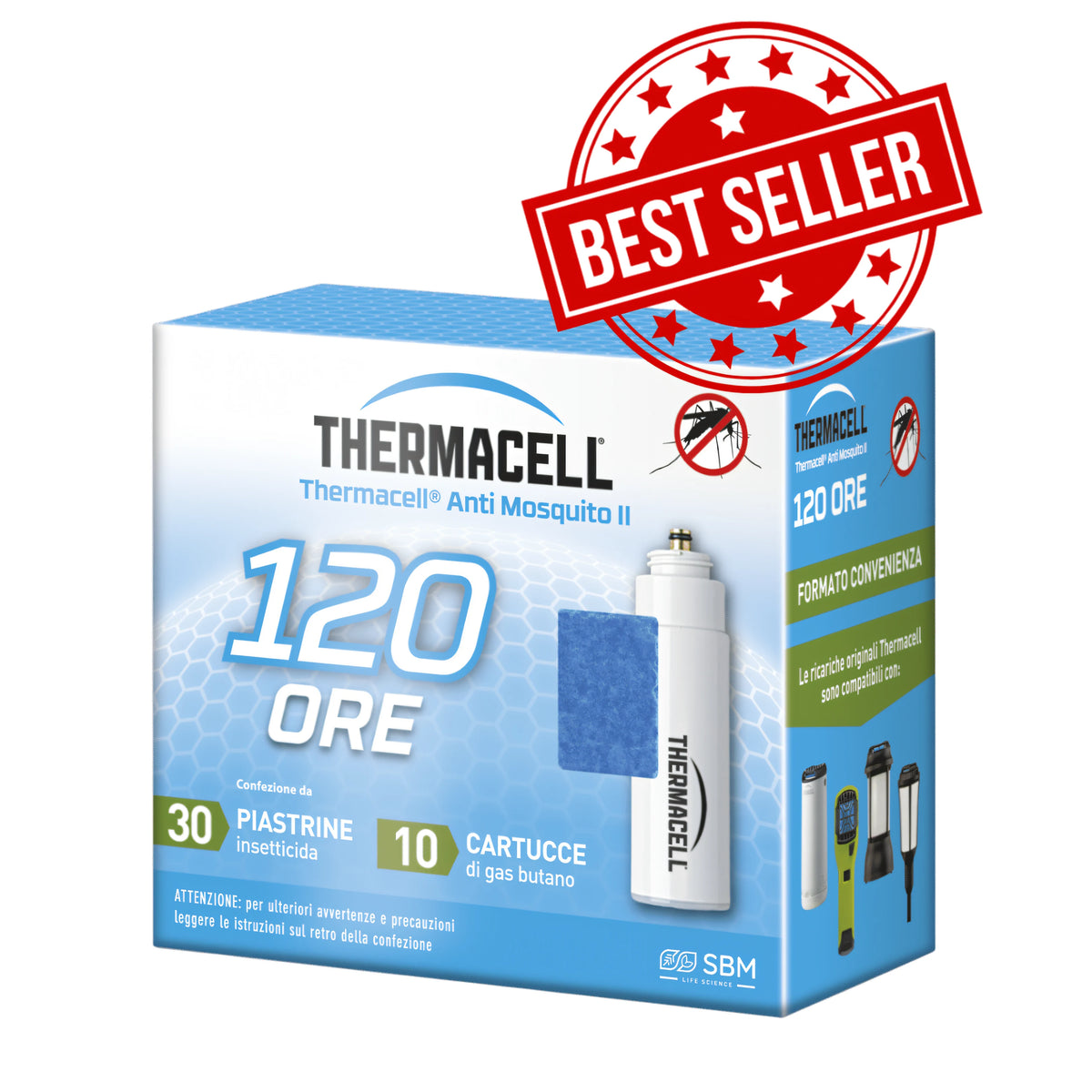 Ricarica antizanzare Thermacell da 120 ore, 30 piastrine e 10 cartucce di gas butano