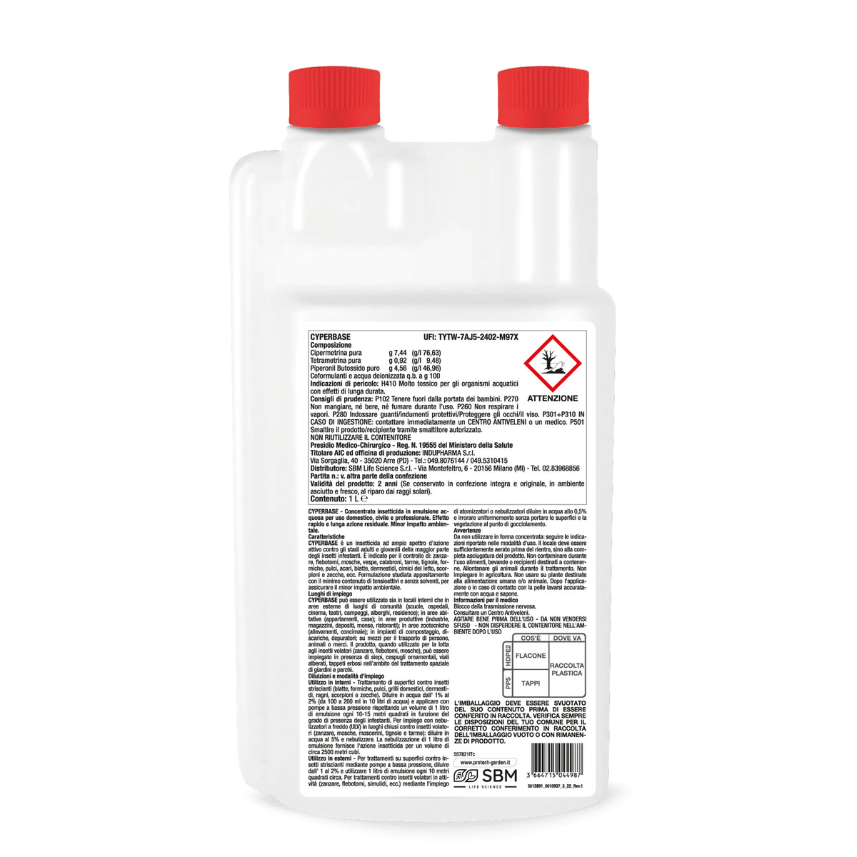 Etichetta del flacone Protect Home Cyperbase con istruzioni d'uso