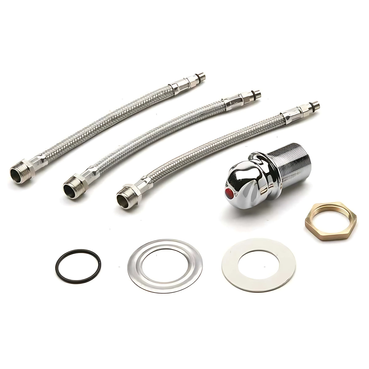 Set miscelatore T-Mixer per gestione acqua calda e fredda con attacchi flessibili da 3/8 pollice e filetto M32. Ideale per impianti idrici di barche.
