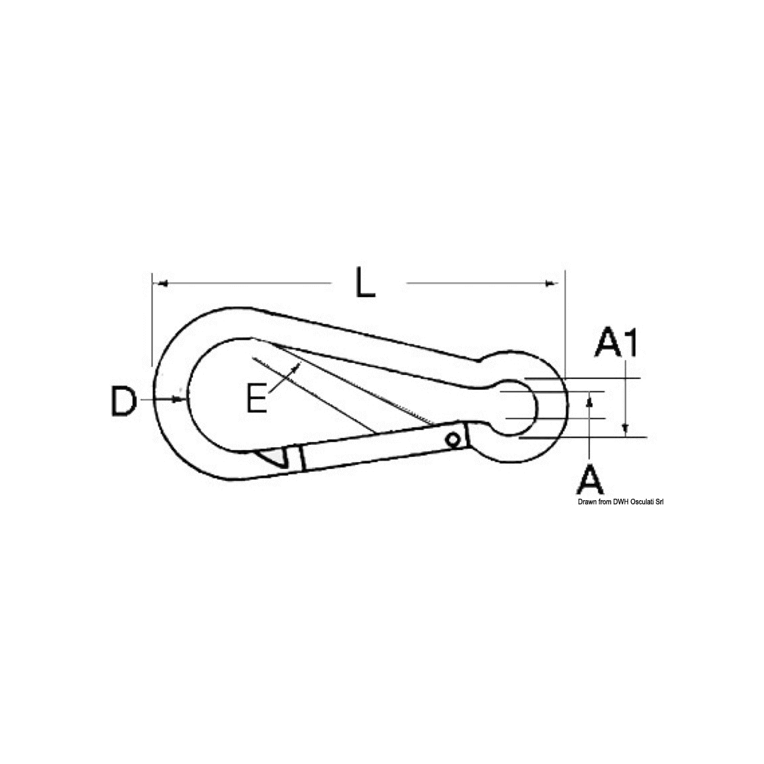 Scheda tecnica moschettone classico in acciaio inox AISI 316 con quote dimensionali L, D, A, A1, E