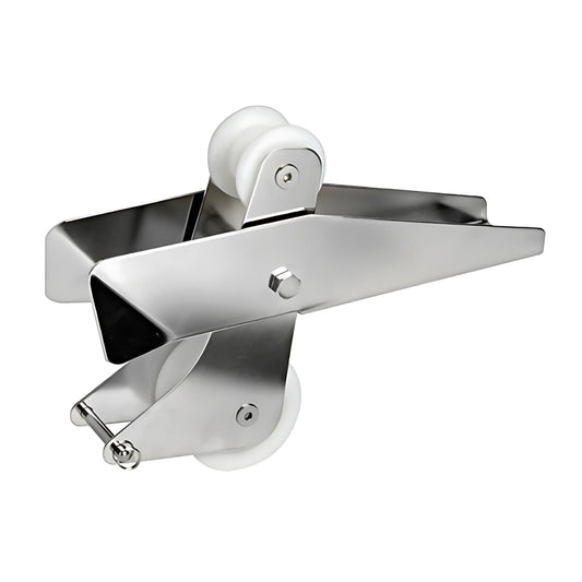 Musone di prua a bascula in acciaio inox AISI 316 con puleggia in nylon e spina di sicurezza, ideale per ancore fino a 14 kg.