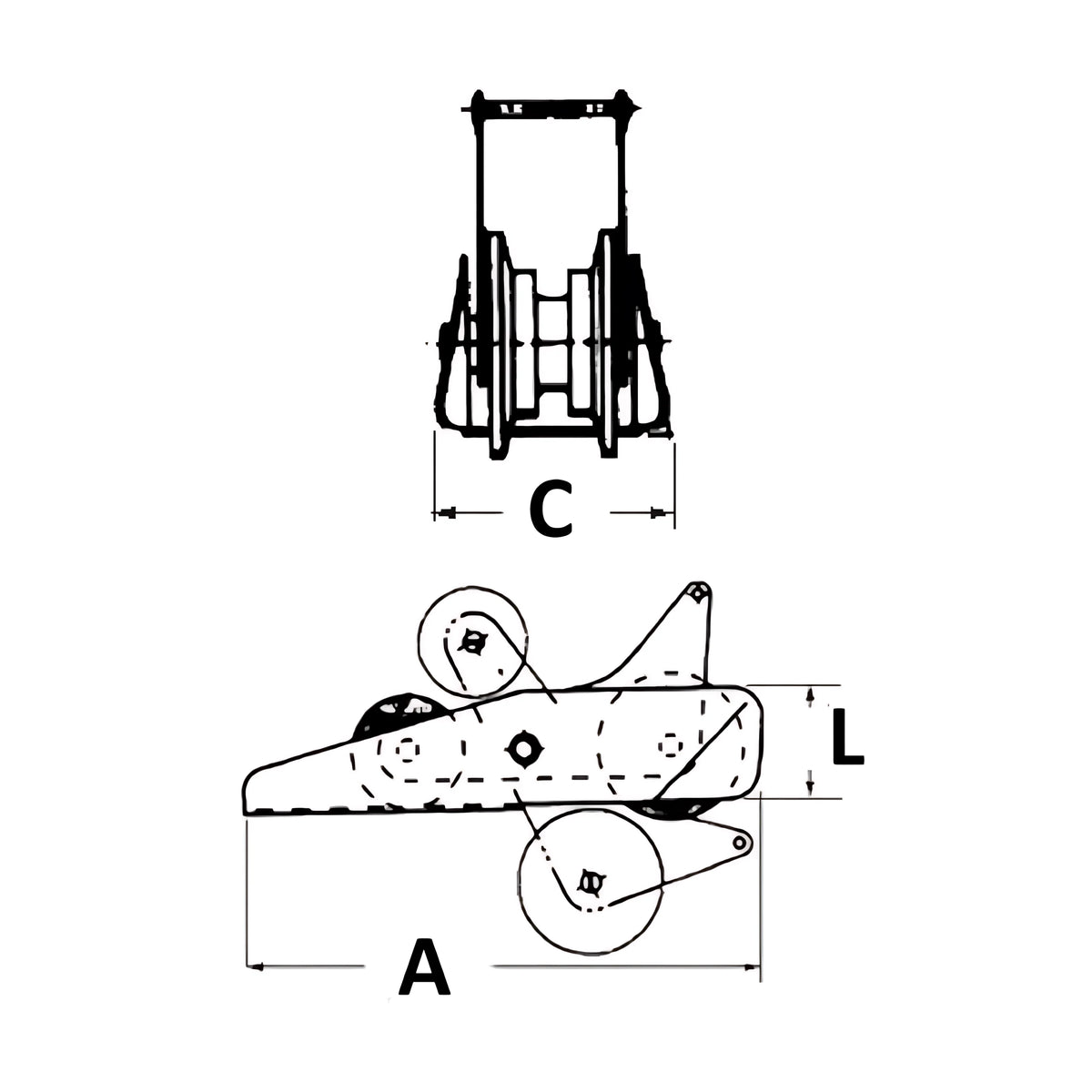 Musone di prua a bascula in acciaio inox AISI 316 con puleggia in nylon e spina di sicurezza, ideale per ancore fino a 14 kg.