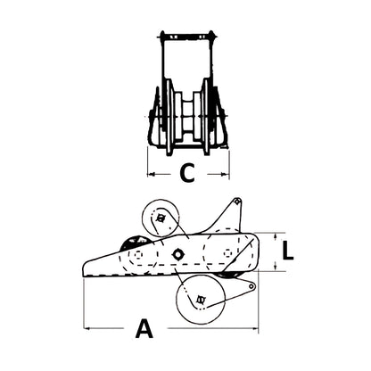 Musone di prua a bascula in acciaio inox AISI 316 con puleggia in nylon e spina di sicurezza, ideale per ancore fino a 14 kg.