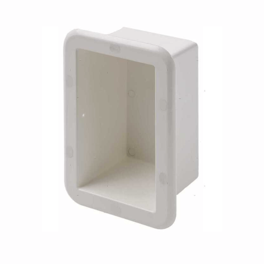 Nicchia a incasso in plastica bianca per doccette e staccabatterie, disponibile con o senza sportello.