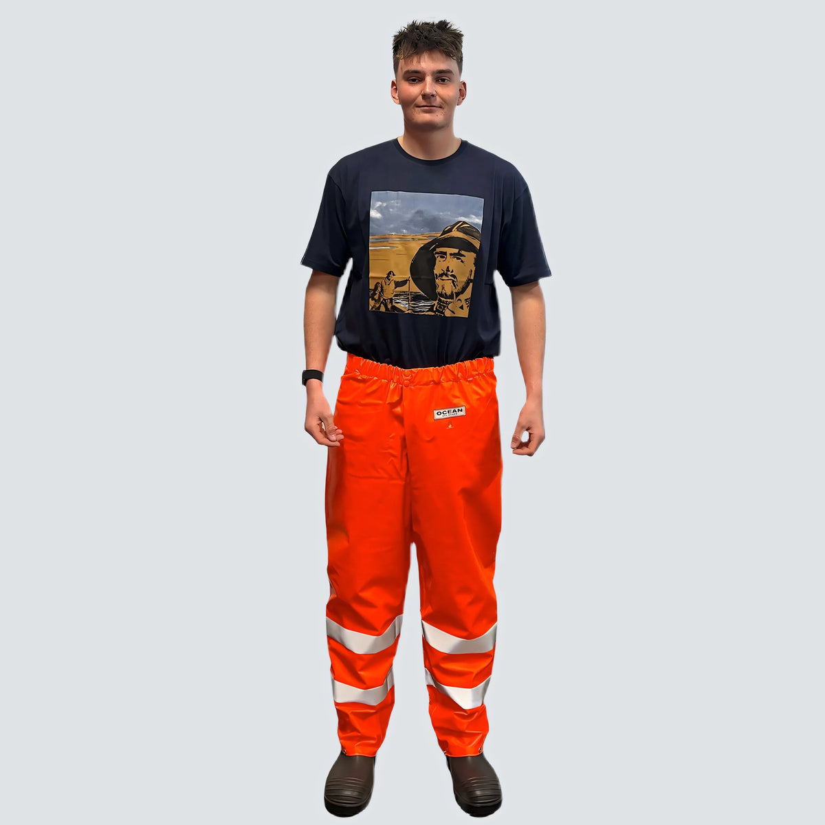 OCEAN® Offshore Pro High-Vis, pantaloni antipioggia in PVC con riflettenti, colore arancio fluo