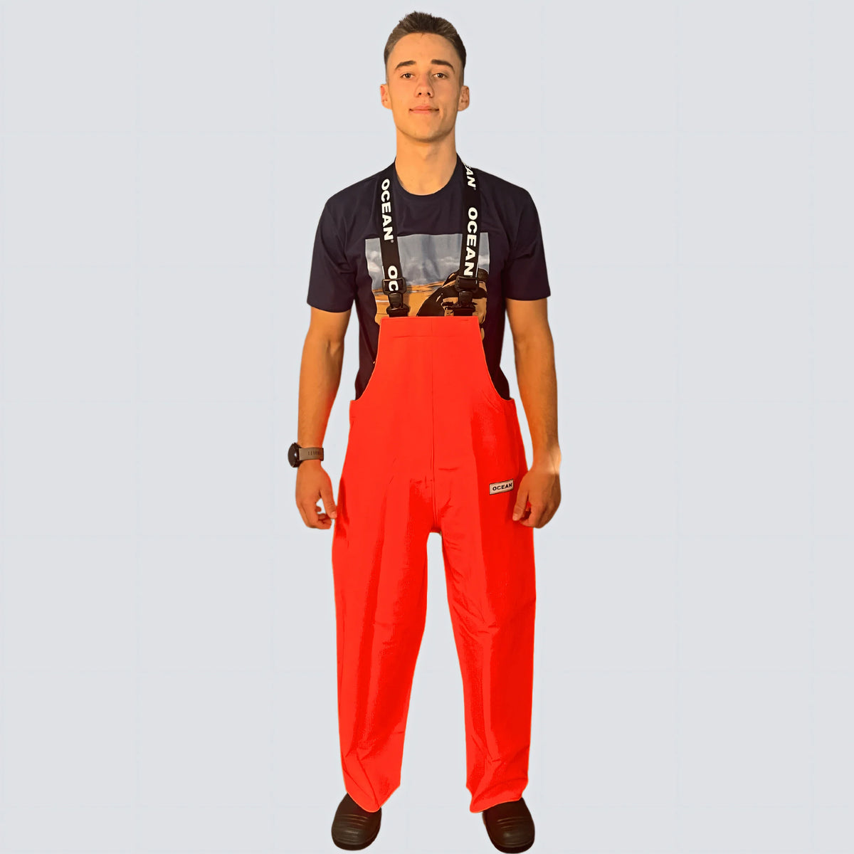 OCEAN® Offshore Heavy Bib & Braces, salopette da lavoro in PVC ignifugo, colore arancio fluo
