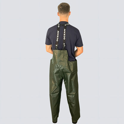 OCEAN® Offshore Heavy Bib & Braces, salopette da lavoro in PVC ignifugo, colore verde oliva