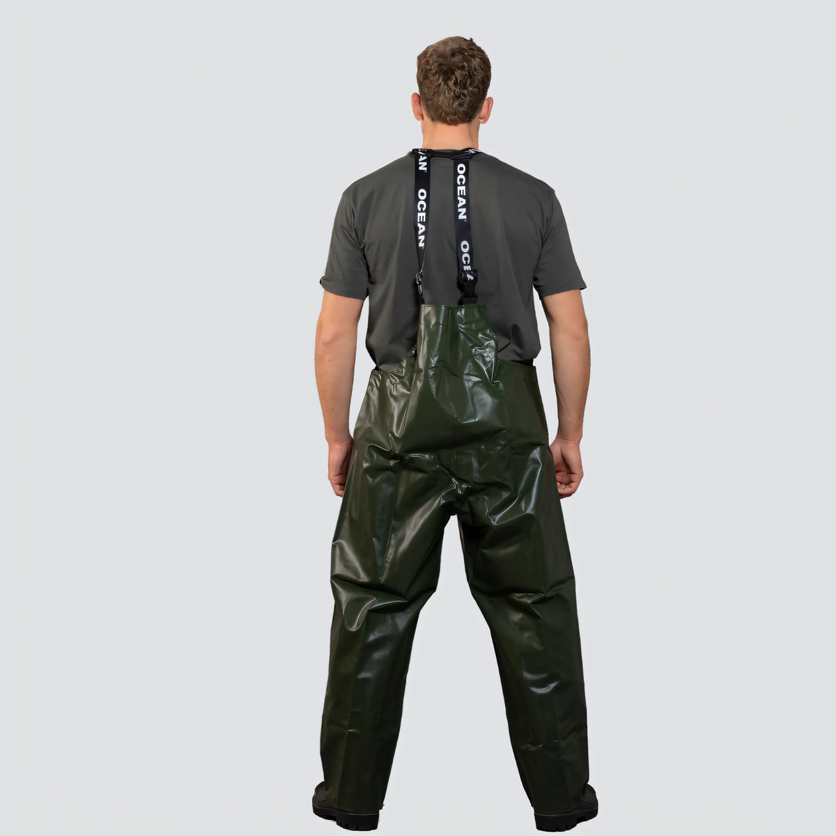 OCEAN® Offshore Pro Bib & Braces, salopette da lavoro in PVC ignifugo, colore verde oliva
