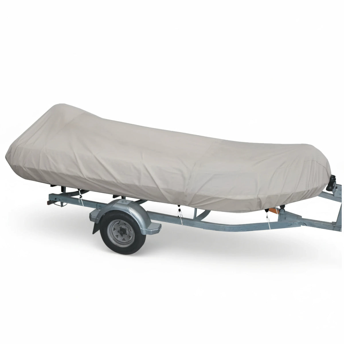 Telo copribarca Oceansouth grigio montato su gommone fermo sul carrello, tessuto Atlas 280 g/m²