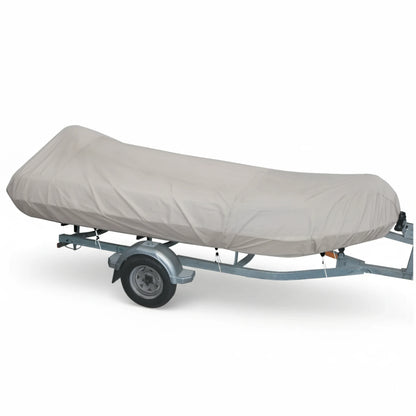 Telo copribarca Oceansouth grigio montato su gommone fermo sul carrello, tessuto Atlas 280 g/m²