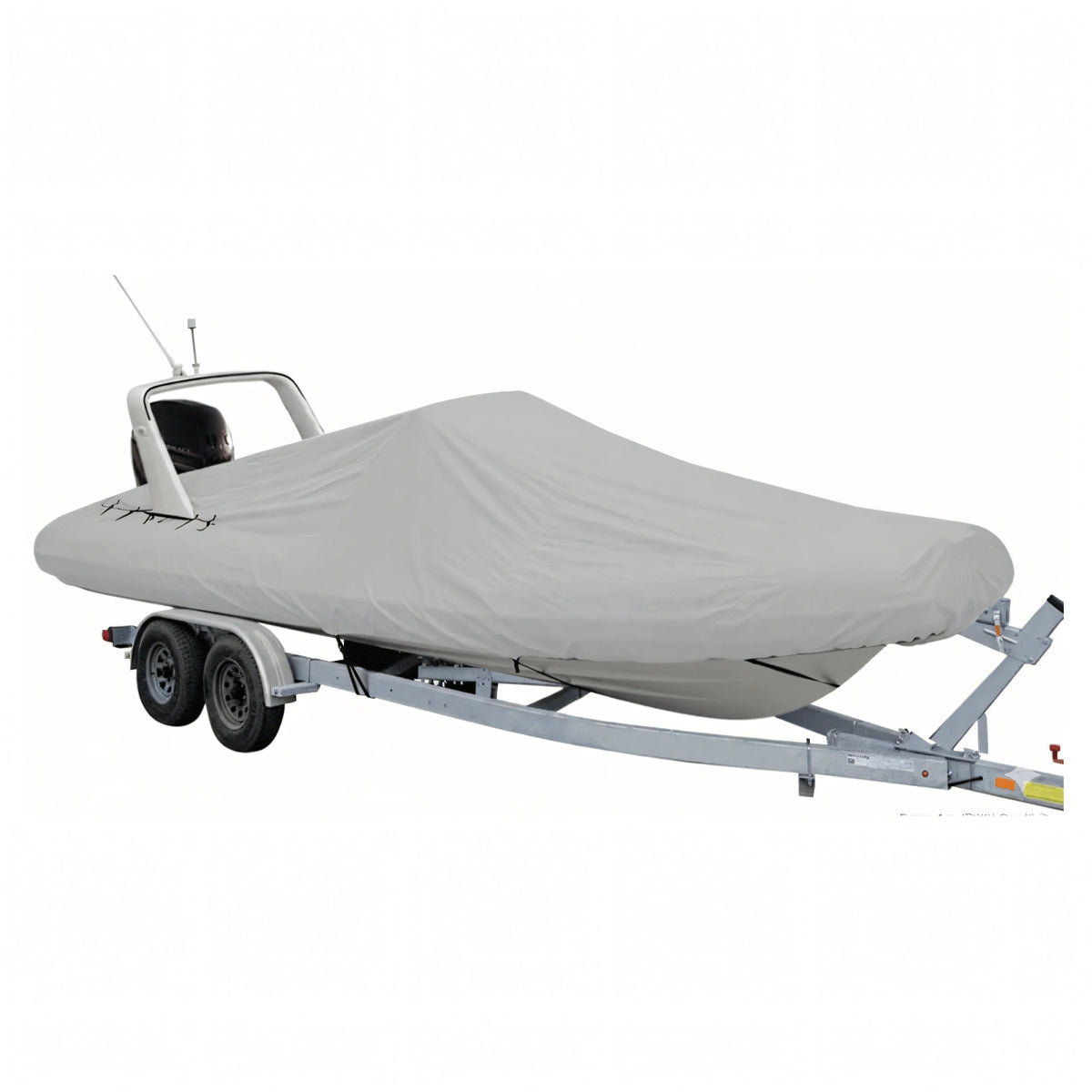Telo coprigommone sartoriale Oceansouth grigio montato su gommone RIB con roll-bar, fermo sul carrello