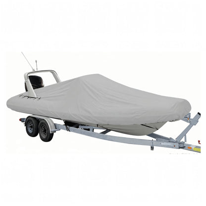 Telo coprigommone sartoriale Oceansouth grigio montato su gommone RIB con roll-bar, fermo sul carrello