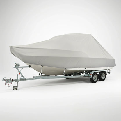 Telo copribarca Jumbo Oceansouth grigio montato su barca con T-Top ferma sul carrello