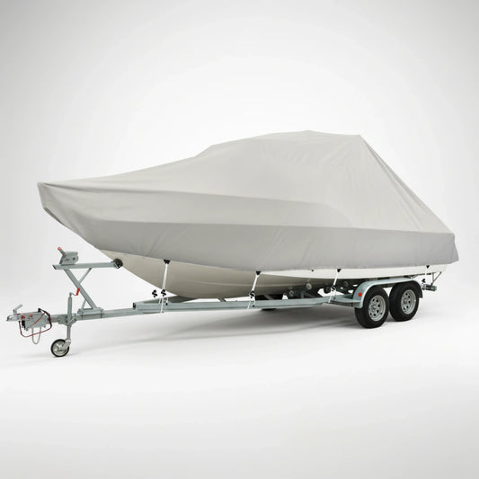 Telo copribarca Jumbo Oceansouth grigio montato su barca con T-Top ferma sul carrello
