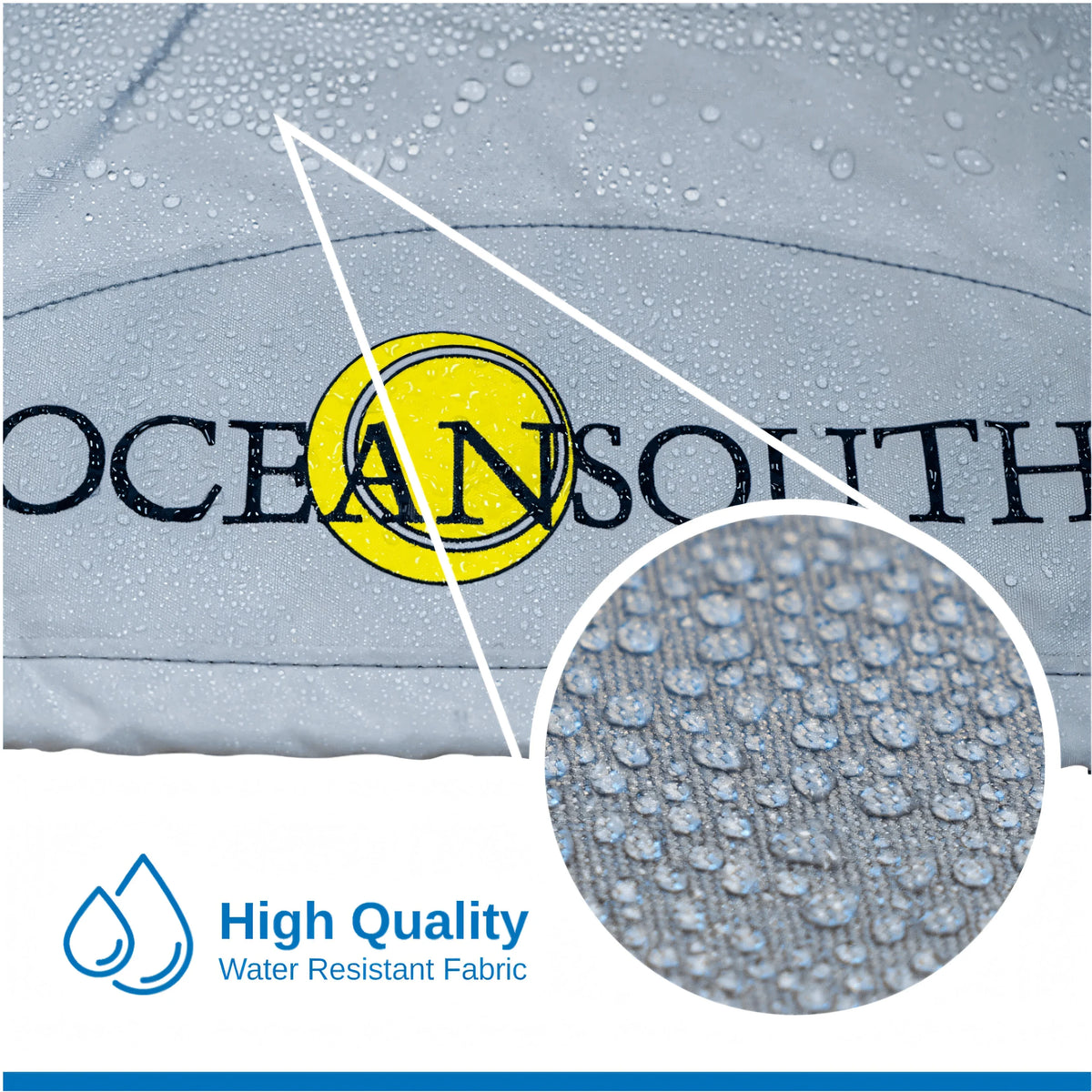 Tessuto Atlas Oceansouth grigio bagnato di pioggia con dettaglio ingrandito della trama idrorepellente