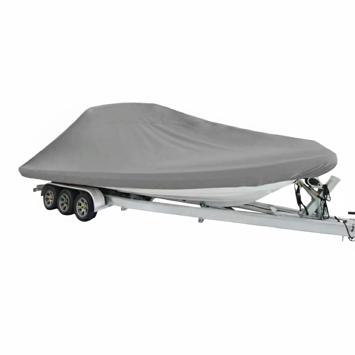 Telo copribarca Oceansouth Modello C grigio montato su gommone RIB con T-Top sul carrello