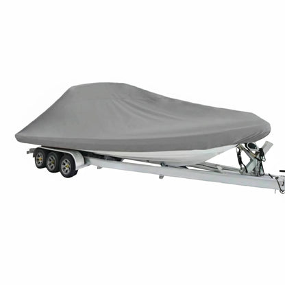 Telo copribarca Oceansouth Modello C grigio montato su gommone RIB con T-Top sul carrello