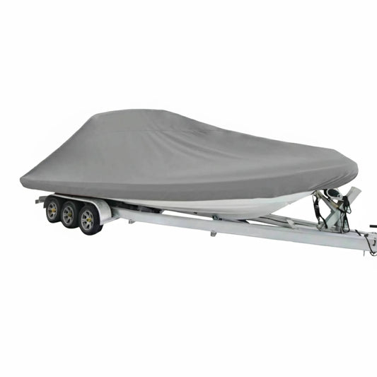 Telo copribarca Oceansouth Modello C grigio montato su gommone RIB con T-Top sul carrello