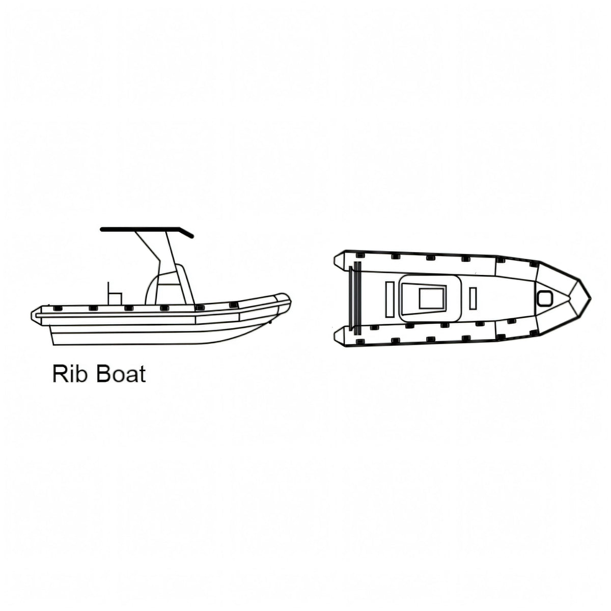 Disegno tecnico del gommone RIB con console e T-Top, vista laterale e dall'alto, per il telo Oceansouth Modello C