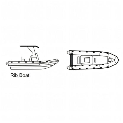 Disegno tecnico del gommone RIB con console e T-Top, vista laterale e dall'alto, per il telo Oceansouth Modello C