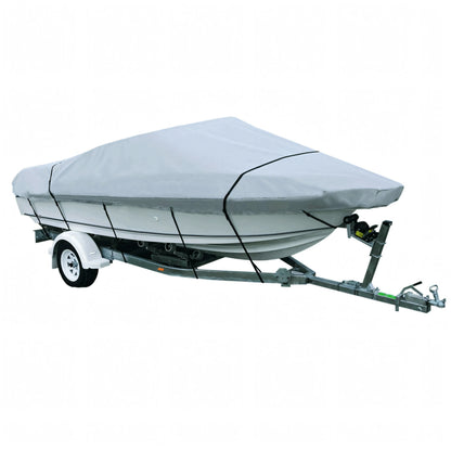 Telo copribarca universale Oceansouth grigio montato su barca open sul carrello, tessuto Atlas Canvas 220 g/m²