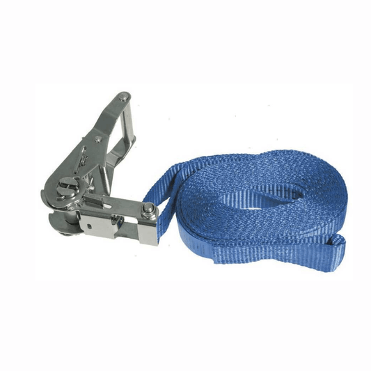 Cinghia tensionatrice blu in nylon 6m con cricchetto e fibbia in acciaio inox