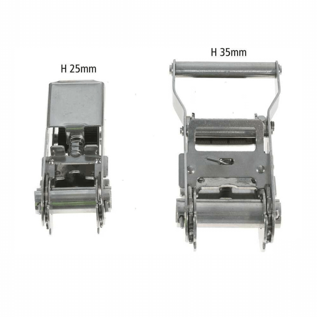 Cricchetti tensionatori in acciaio inox lucido misure 25mm e 35mm confronto dimensioni