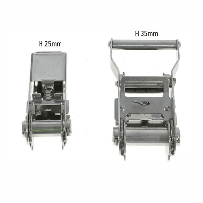 Cricchetti tensionatori in acciaio inox lucido misure 25mm e 35mm confronto dimensioni