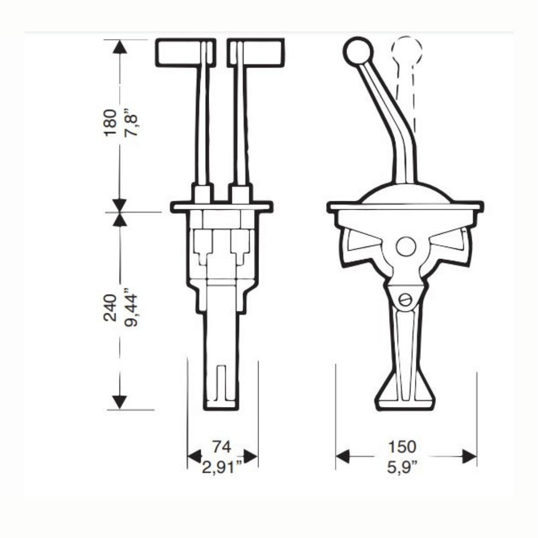 Scheda tecnica comando leva Ultraflex B58L SX con dimensioni: altezza 180+240mm, larghezza 74-150mm