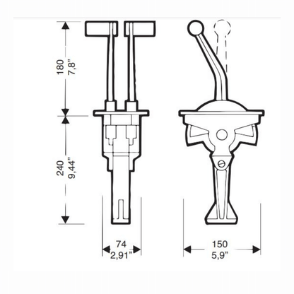 Scheda tecnica comando leva Ultraflex B58L SX con dimensioni: altezza 180+240mm, larghezza 74-150mm