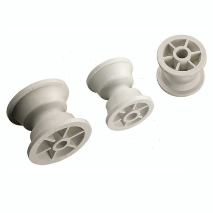 Tre rulli puleggia di ricambio grigi in plastica, forma a rocchetto con mozzi a raggi, L 60mm Ø 57mm