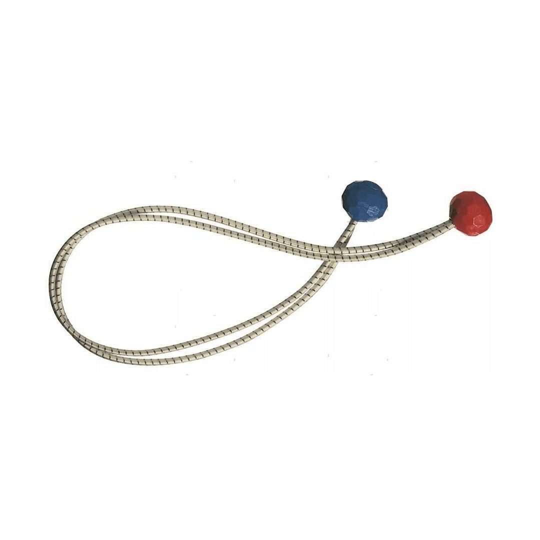 Elastico fissavele con palline blu e rossa, corda intrecciata beige a loop, per fissaggi multipli
