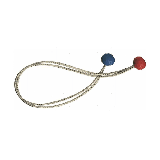 Elastico fissavele con palline blu e rossa, corda intrecciata beige a loop, per fissaggi multipli