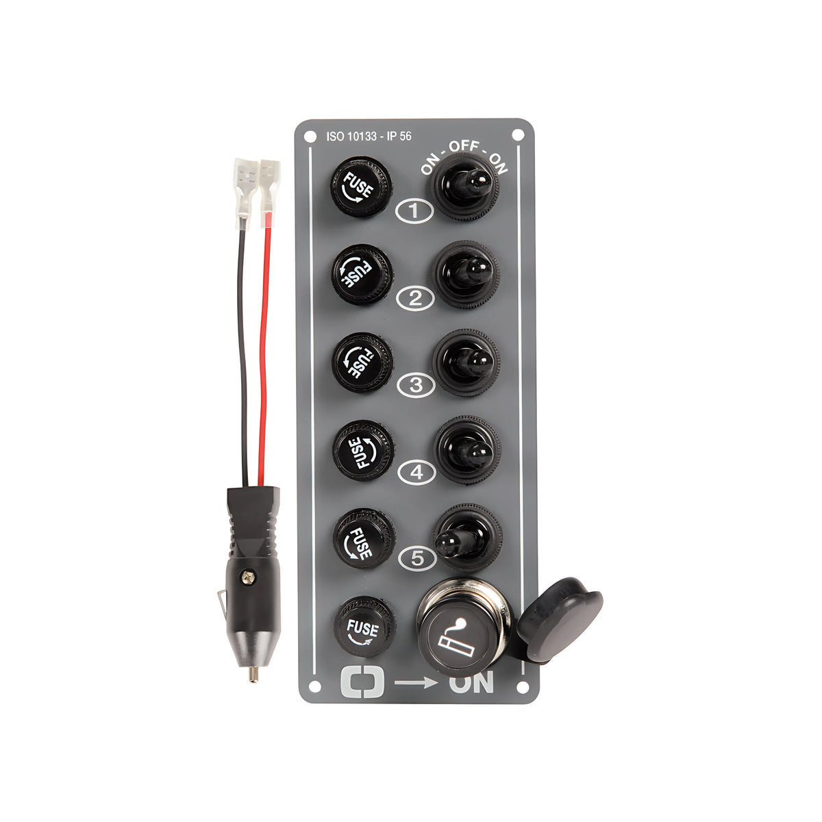Pannello elettrico verticale in alluminio con 5 interruttori e presa accendisigari 12V IP56 per barca.
