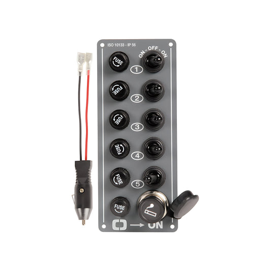 Pannello elettrico verticale in alluminio con 5 interruttori e presa accendisigari 12V IP56 per barca.