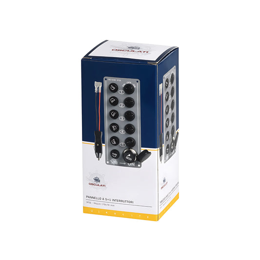 Pannello elettrico verticale in alluminio con 5 interruttori e presa accendisigari 12V IP56 per barca.